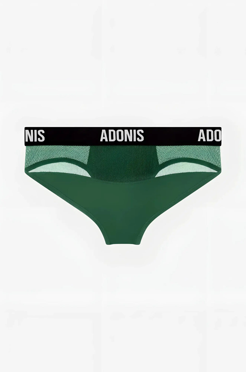 Luxe dark olive mesh briefs with a black elastic waistband featuring the Adonis brand name in white lettering