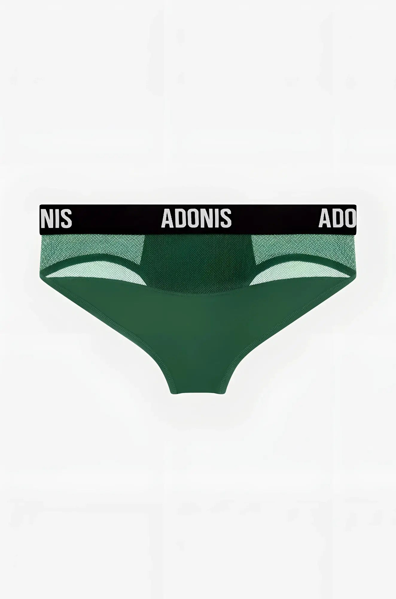 Luxe dark olive mesh briefs with a black elastic waistband featuring the Adonis brand name in white lettering