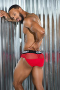 Luxe fiery red sheer men’s briefs with black waistband featuring Adonis brand name in white lettering
