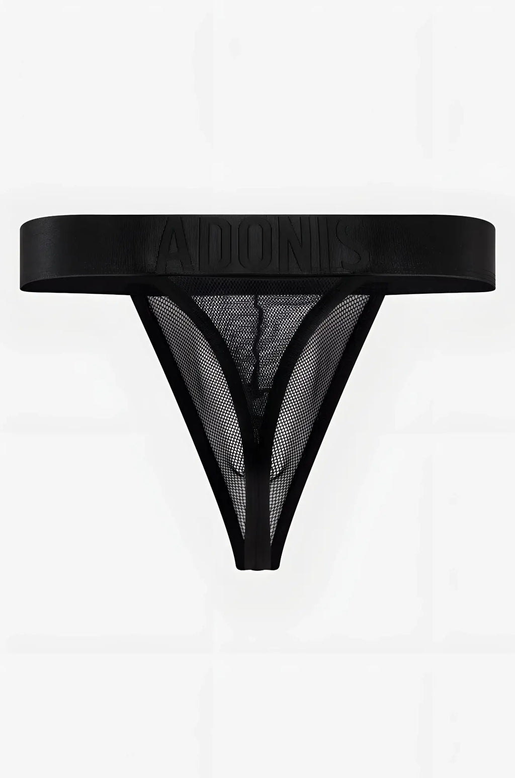 Black mesh thong with wide satin-like waistband embossed with adonis brand name from luxe mesh black thong collection
