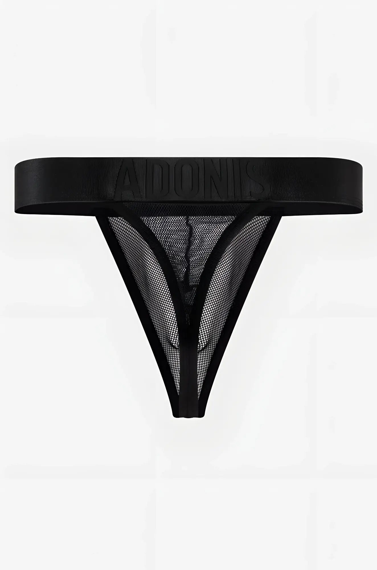 Black mesh thong with wide satin-like waistband embossed with adonis brand name from luxe mesh black thong collection