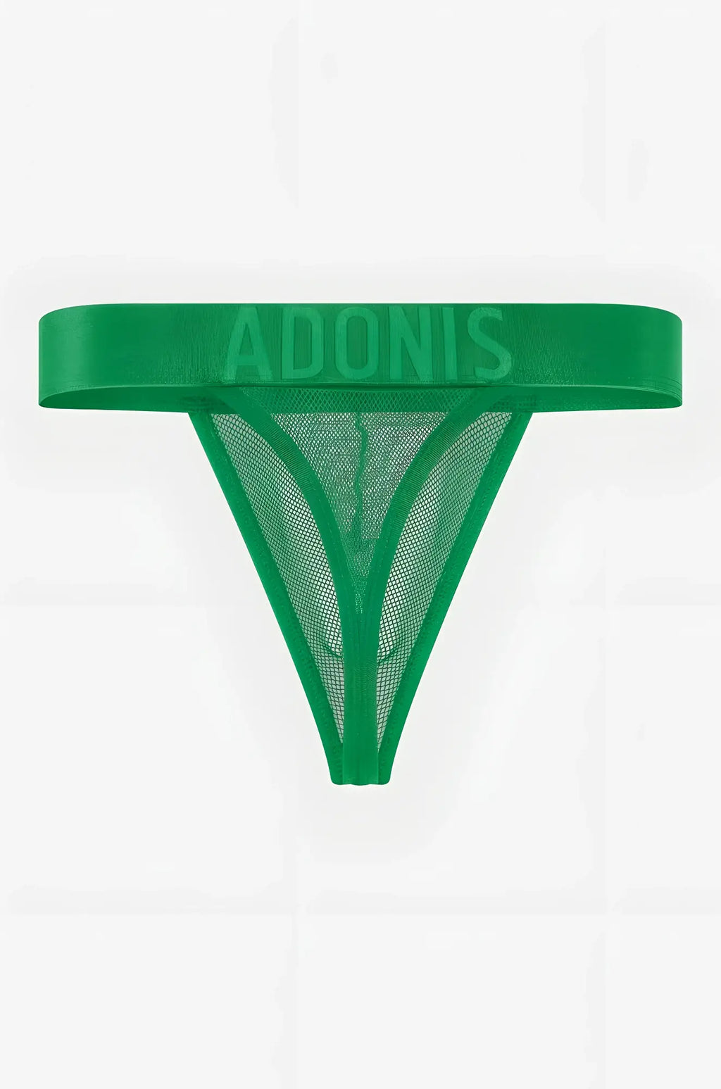 Luxe mesh green thong with satin waistband embossed with the brand name adonis visible on the back side