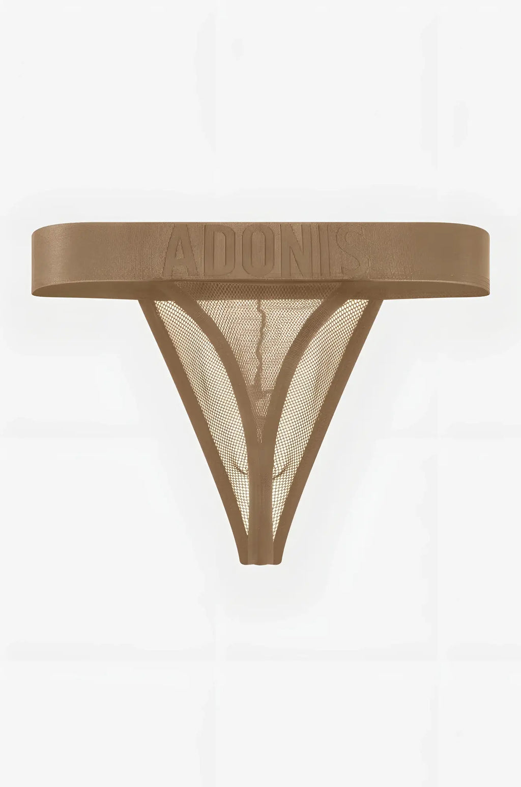 Luxe mesh nude tan thong featuring tan mesh fabric and a wide elastic waistband embossed with adonis brand name
