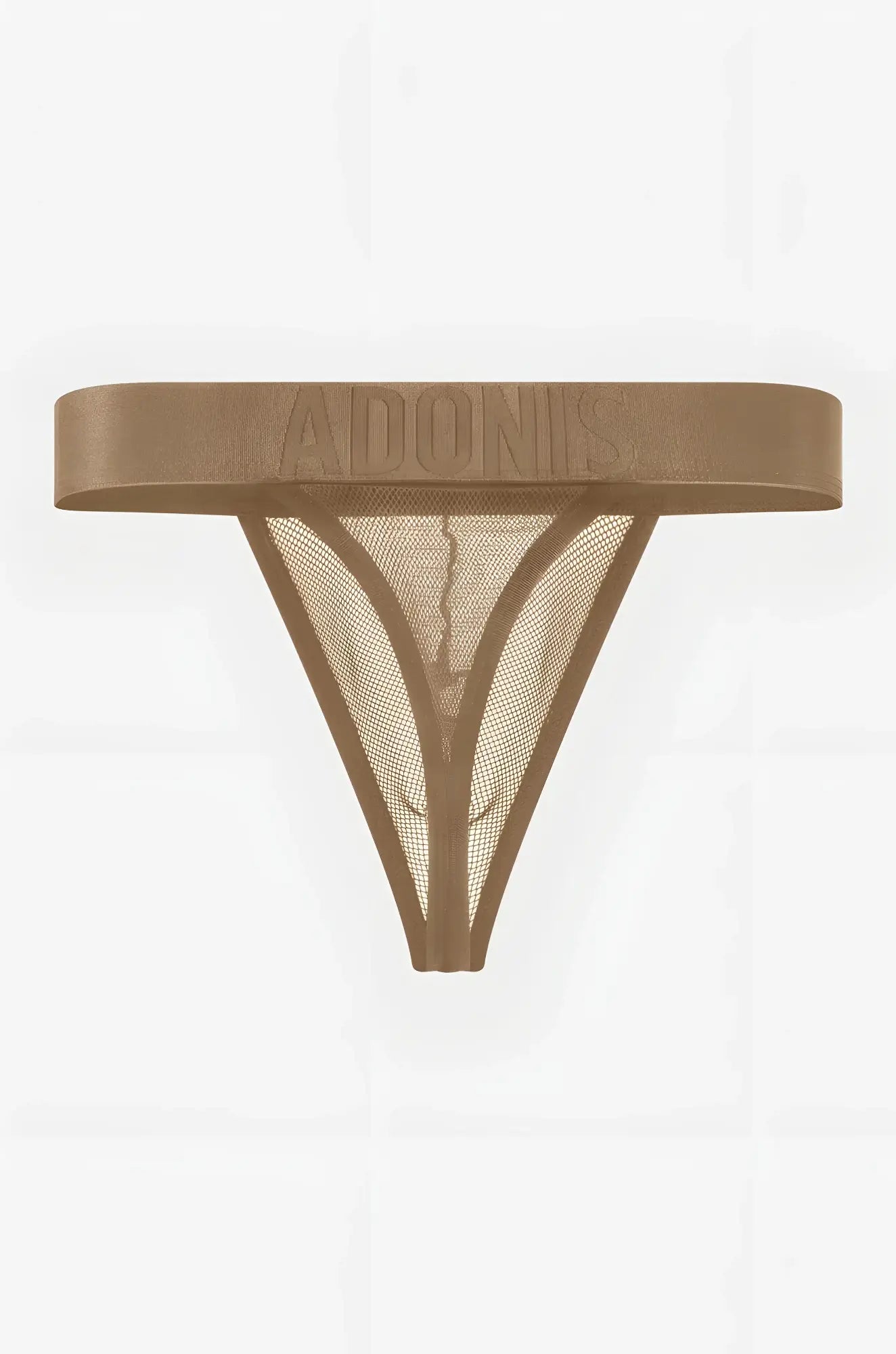 Luxe mesh nude tan thong featuring tan mesh fabric and a wide elastic waistband embossed with adonis brand name