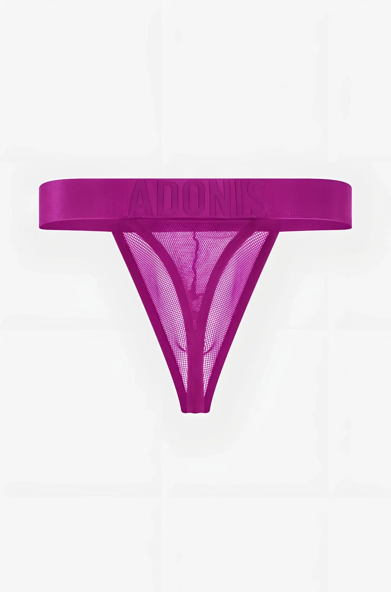 A vibrant magenta adonis brand thong made of sheer mesh with a solid elastic waistband in luxe mesh purple persuasion thong