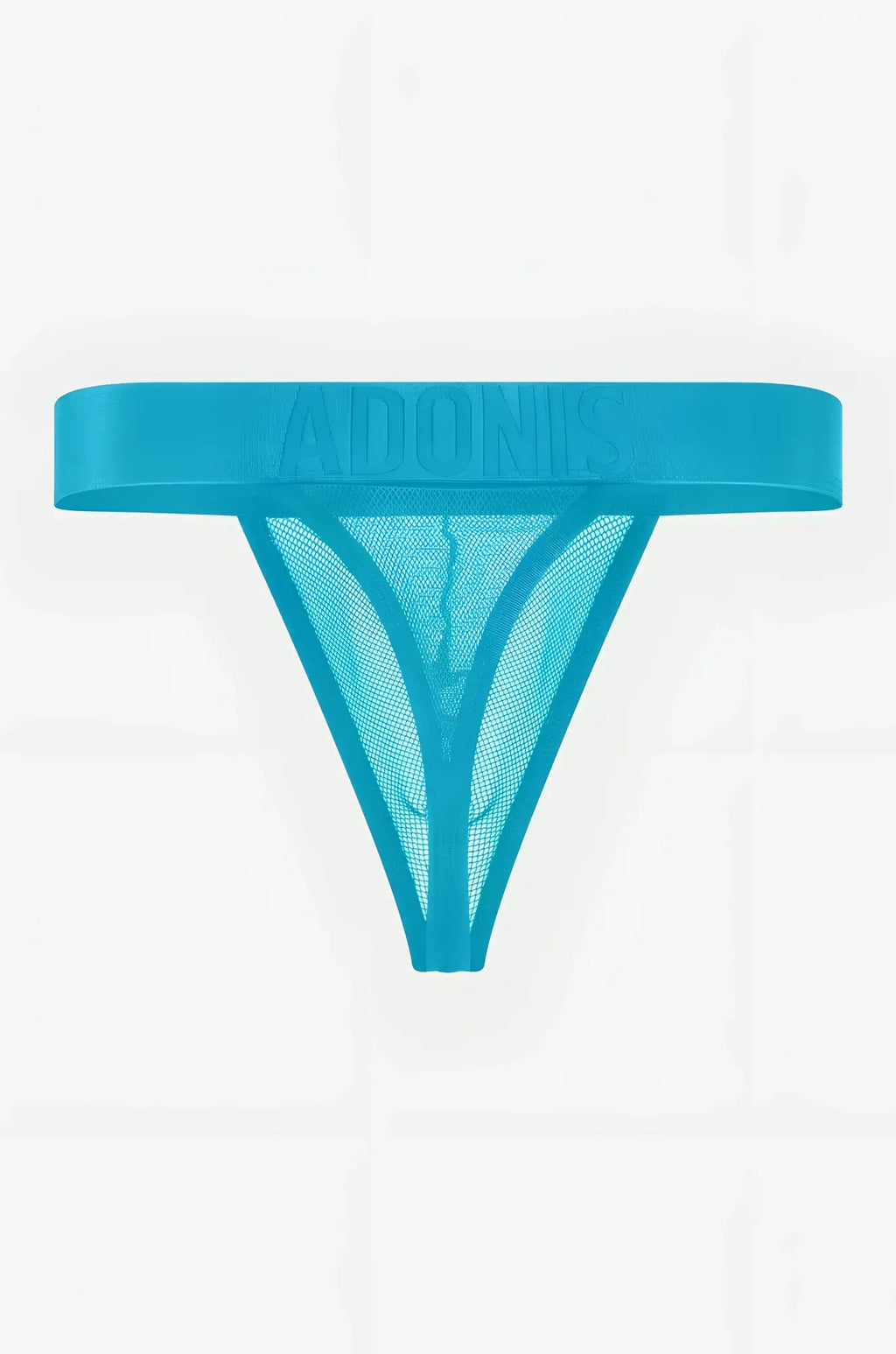 Turquoise mesh thong with solid band embossed with adonis brand name from luxe mesh temptation blue thong collection