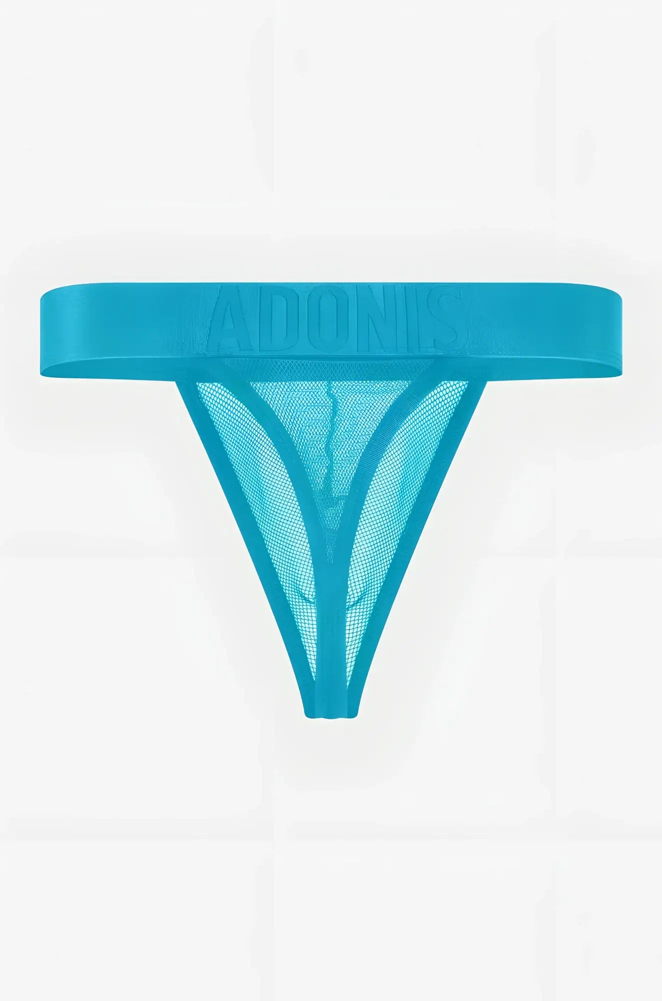 Turquoise mesh thong with solid band embossed with adonis brand name from luxe mesh temptation blue thong collection
