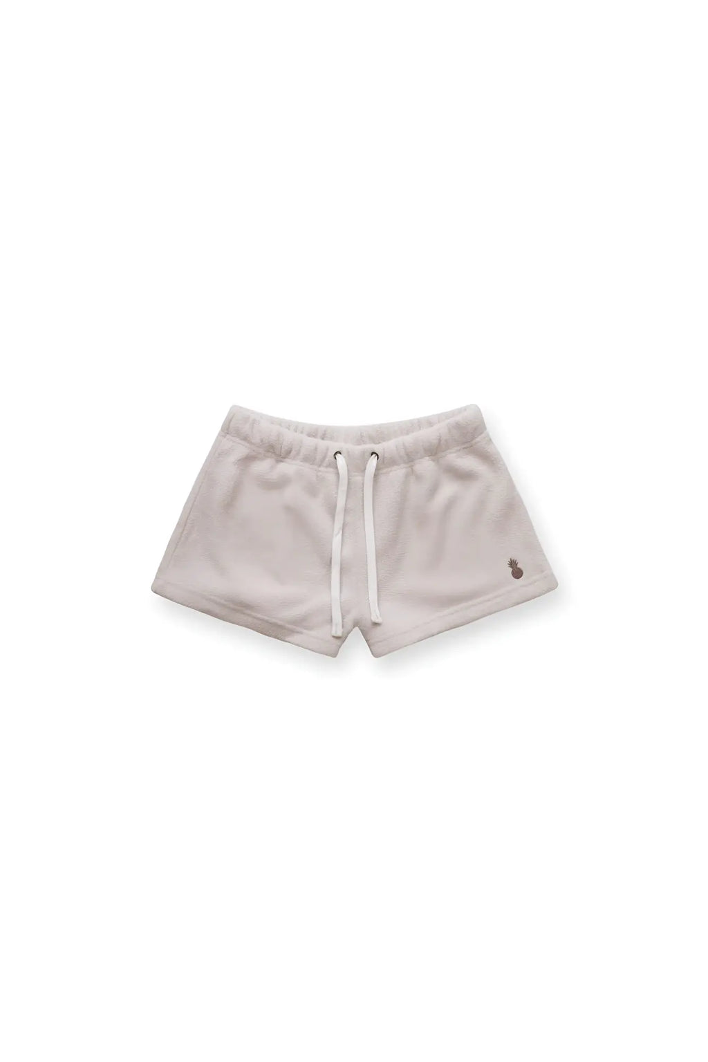 Luxe plush fleece 2 inch champagne short shorts in beige cotton with white drawstrings and embroidered logo on side