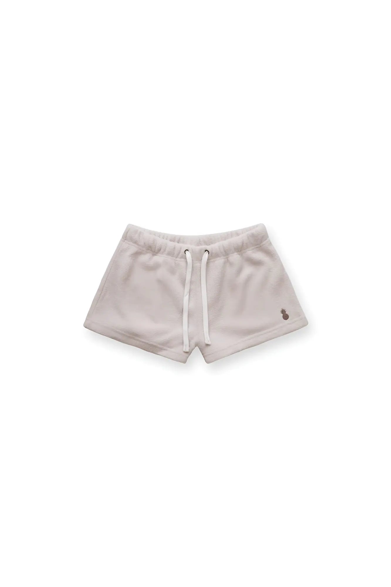 Luxe plush fleece 2 inch champagne short shorts in beige cotton with white drawstrings and embroidered logo on side