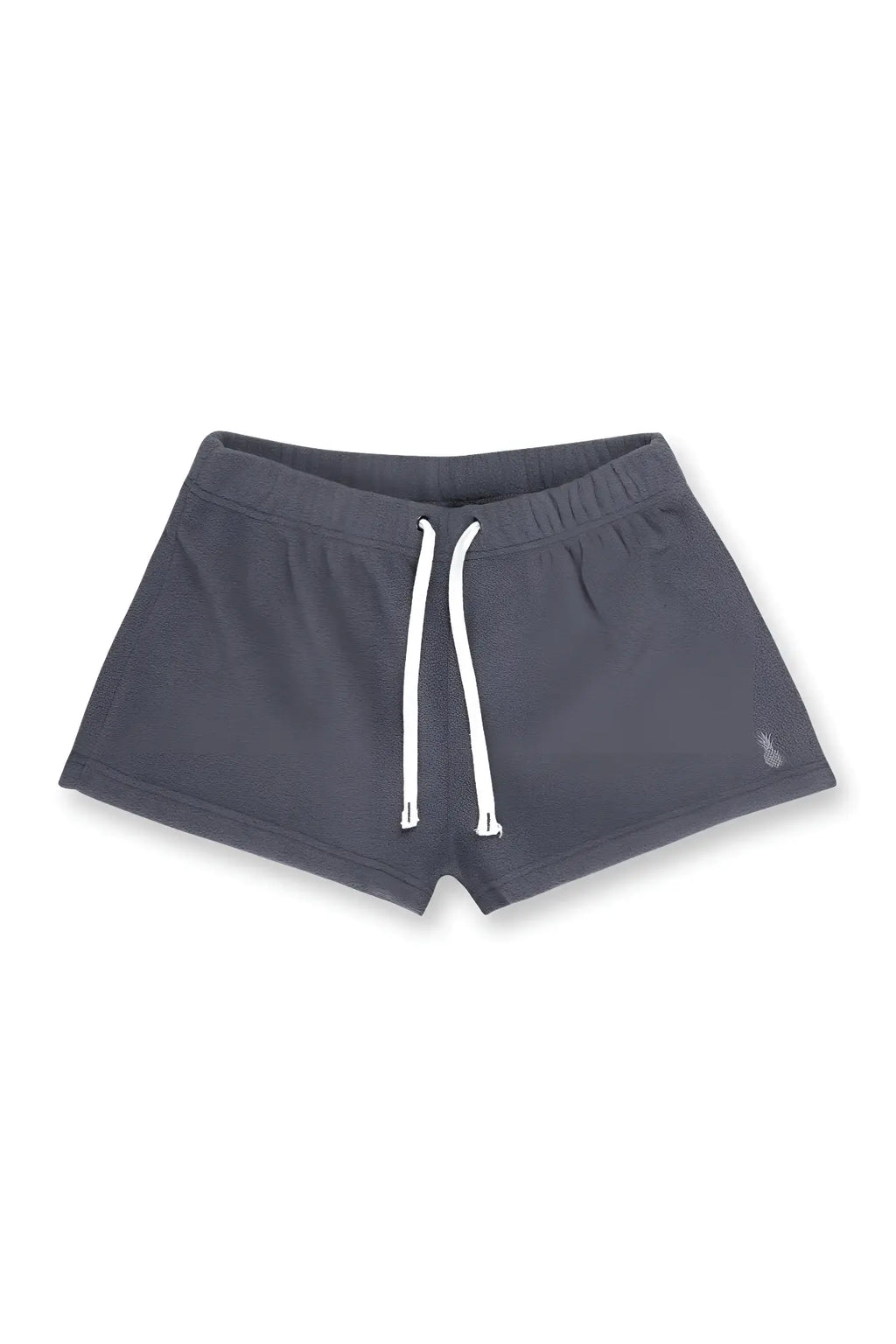 Dark gray luxe plush fleece 2 inch short shorts with white drawstrings and small embroidered logo on lower right leg