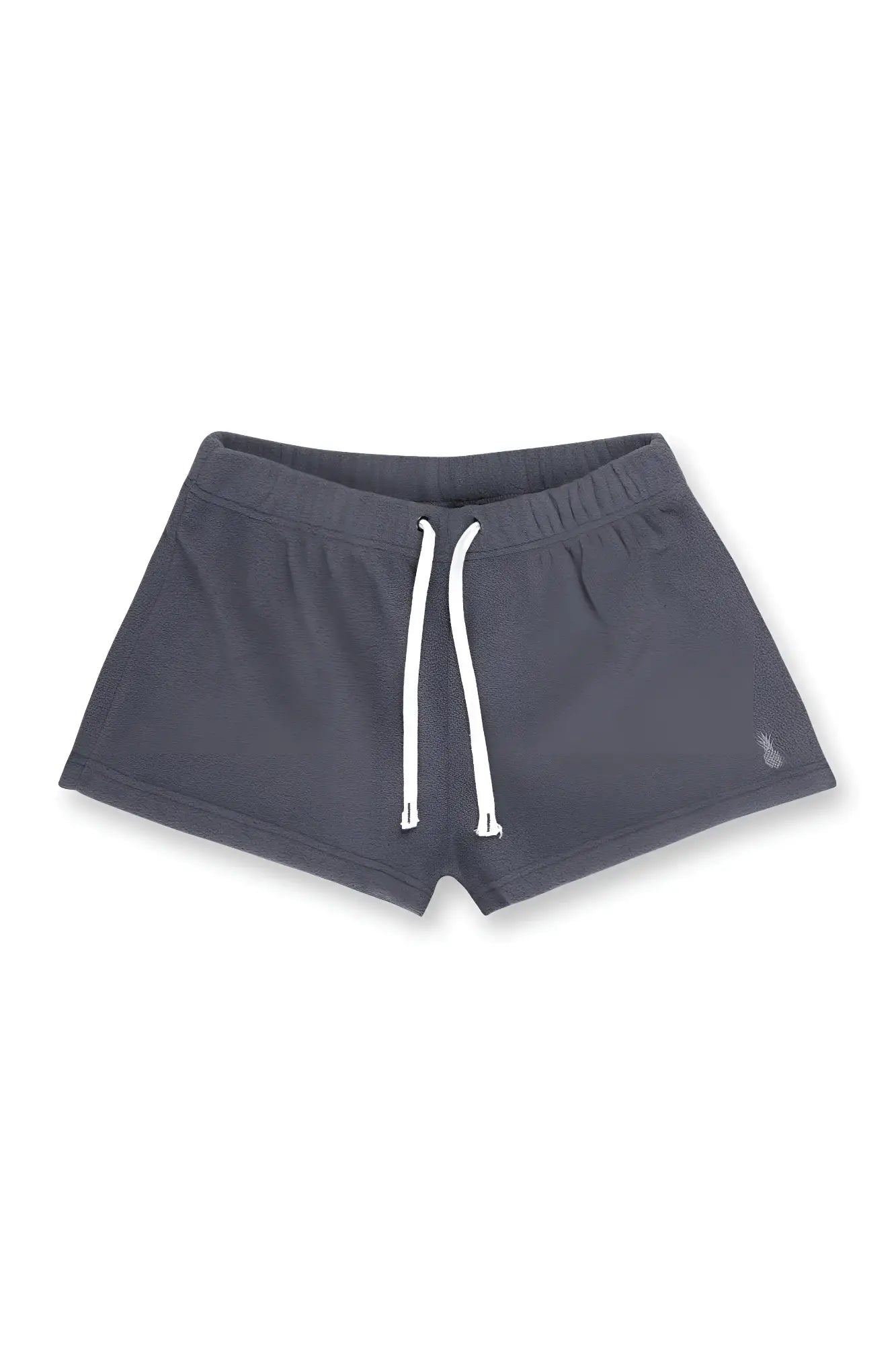 Dark gray luxe plush fleece 2 inch short shorts with white drawstrings and small embroidered logo on lower right leg