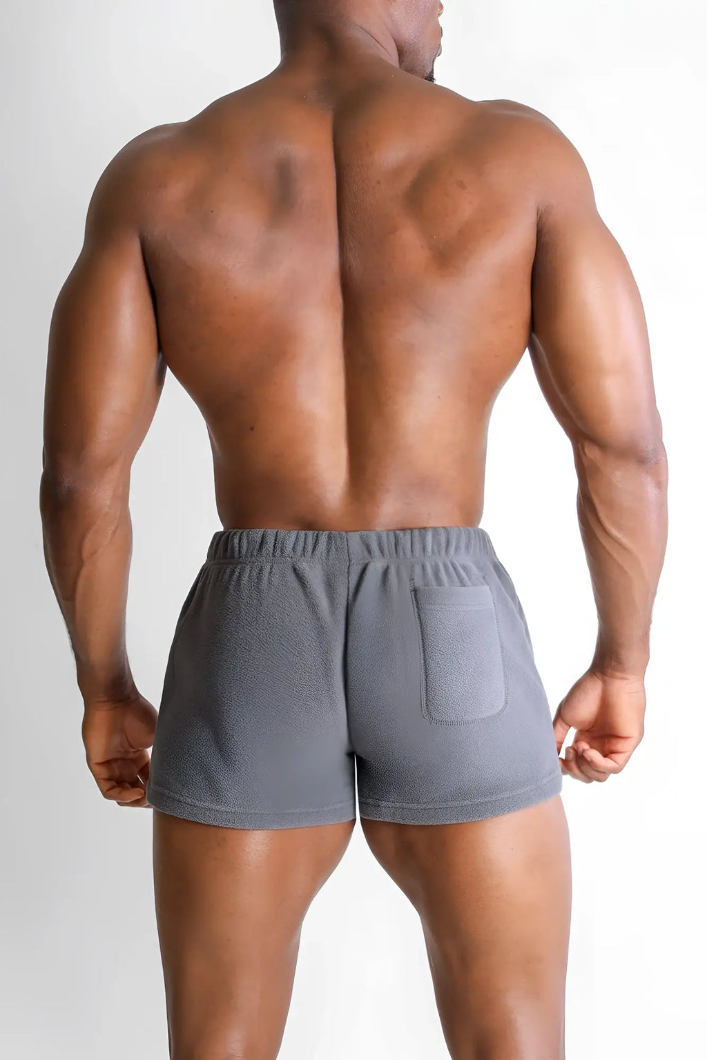Luxe plush fleece 2 inch short shorts in grey featuring soft material elastic waistband and single side pocket
