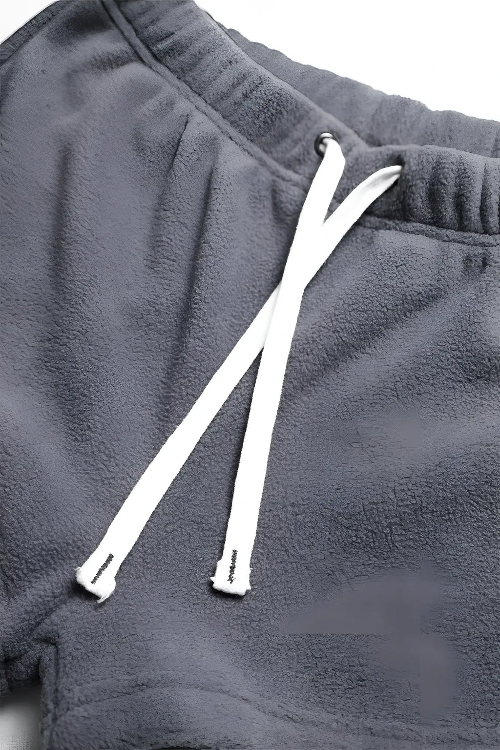 Gray fleece sweatpants with white drawstrings made from luxe plush fleece for comfortable casual wear