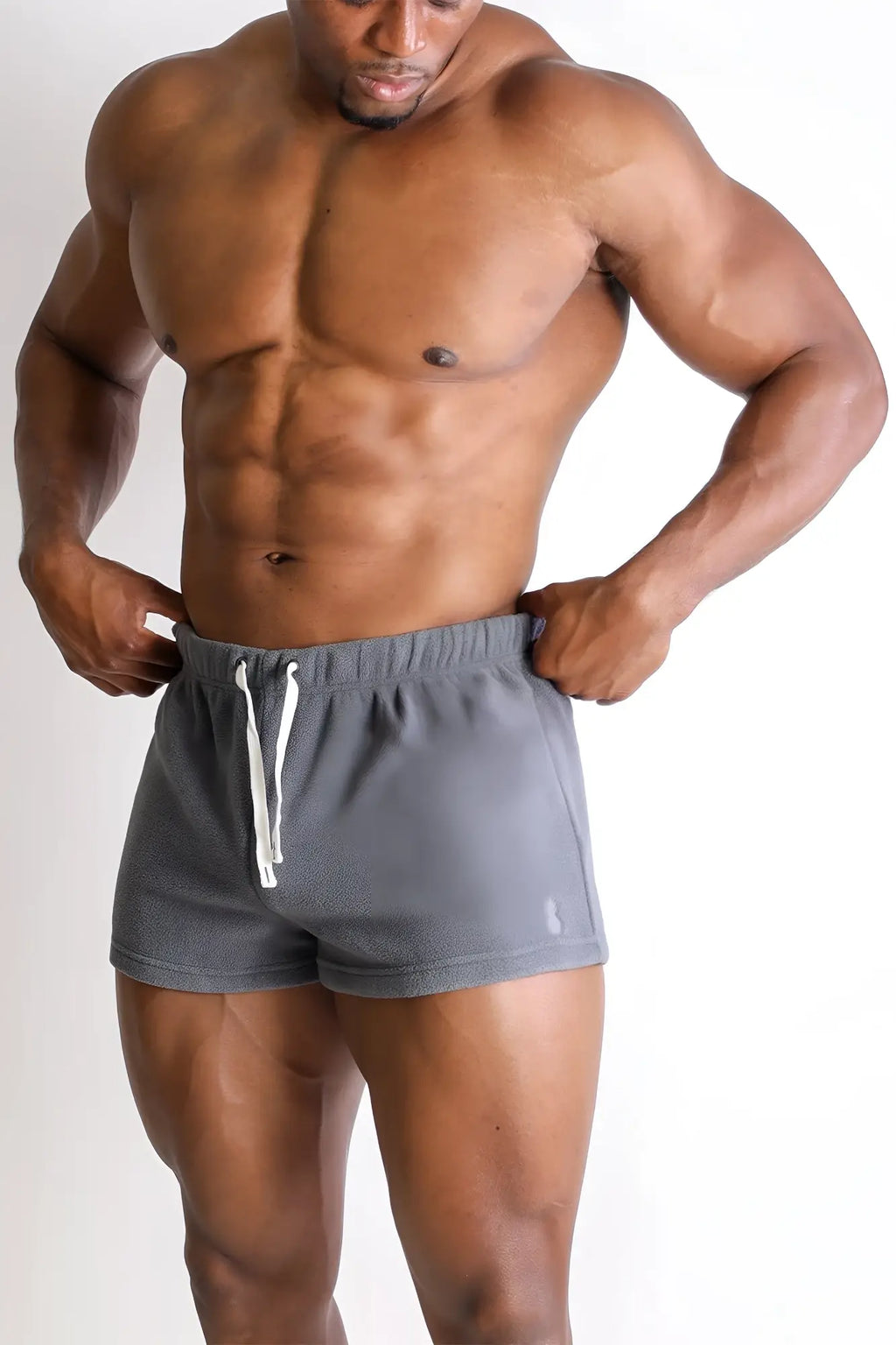 Luxe plush fleece 2 inch short shorts in grey with gray textured fabric and white drawstrings for athletic wear