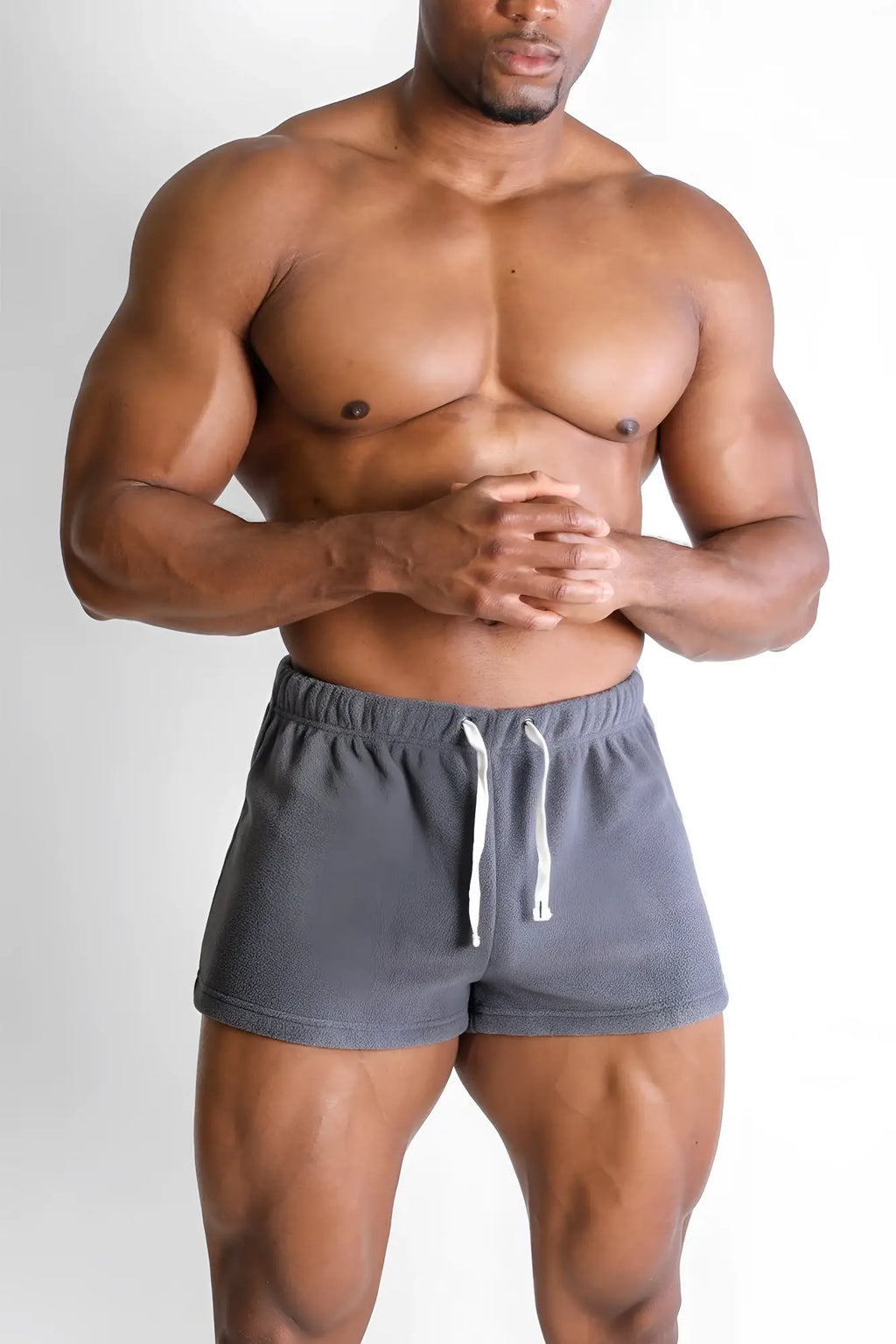 Gray luxe plush fleece 2 inch short shorts with white drawstrings made from soft cozy material