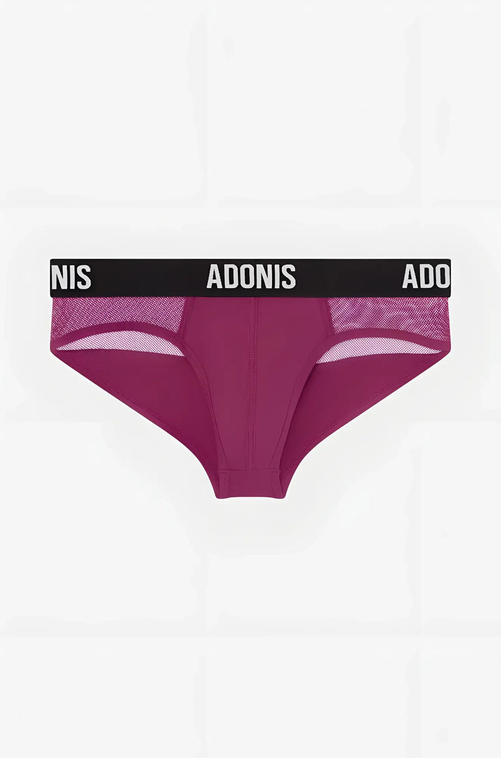 A pair of luxe red plum adonis briefs with black elastic waistband, white lettering, and mesh side panels