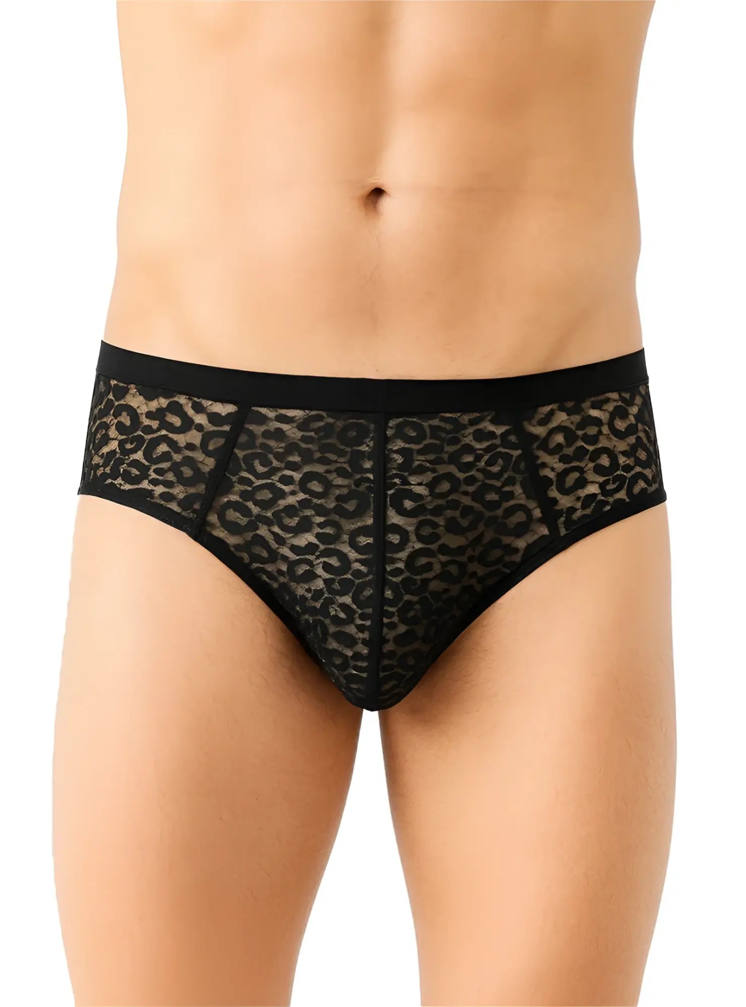 Black lace briefs with a luxury leopard print pattern showcasing the front side for stylish intimate wear