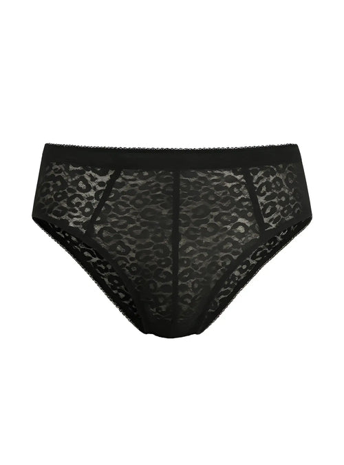 Luxury lace brief featuring black leopard-print lace with a solid black waistband for elegant comfort