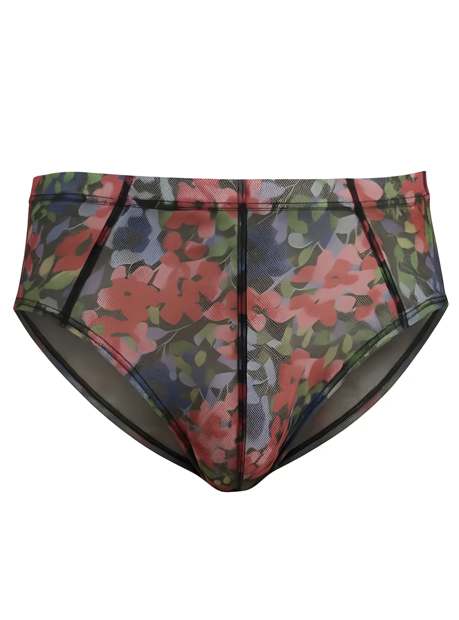 Luxury lace brief black mesh with vibrant pink red and green floral pattern on dark background