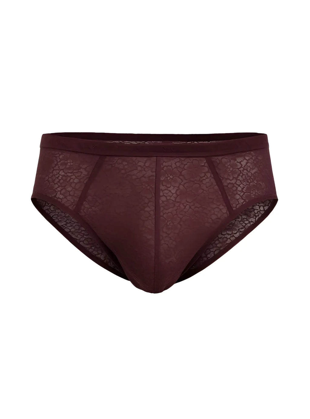 Luxury lace brief in maroon featuring delicate floral lace and seamless construction for comfortable wear
