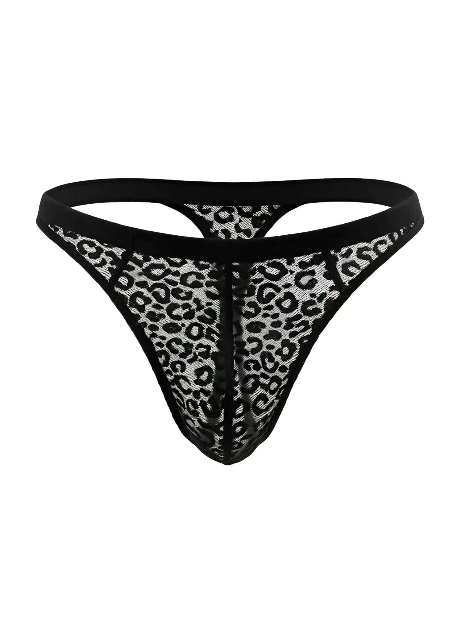 Black leopard-print luxury lace thong with sheer mesh texture and reinforced elastic waistband shown from back side