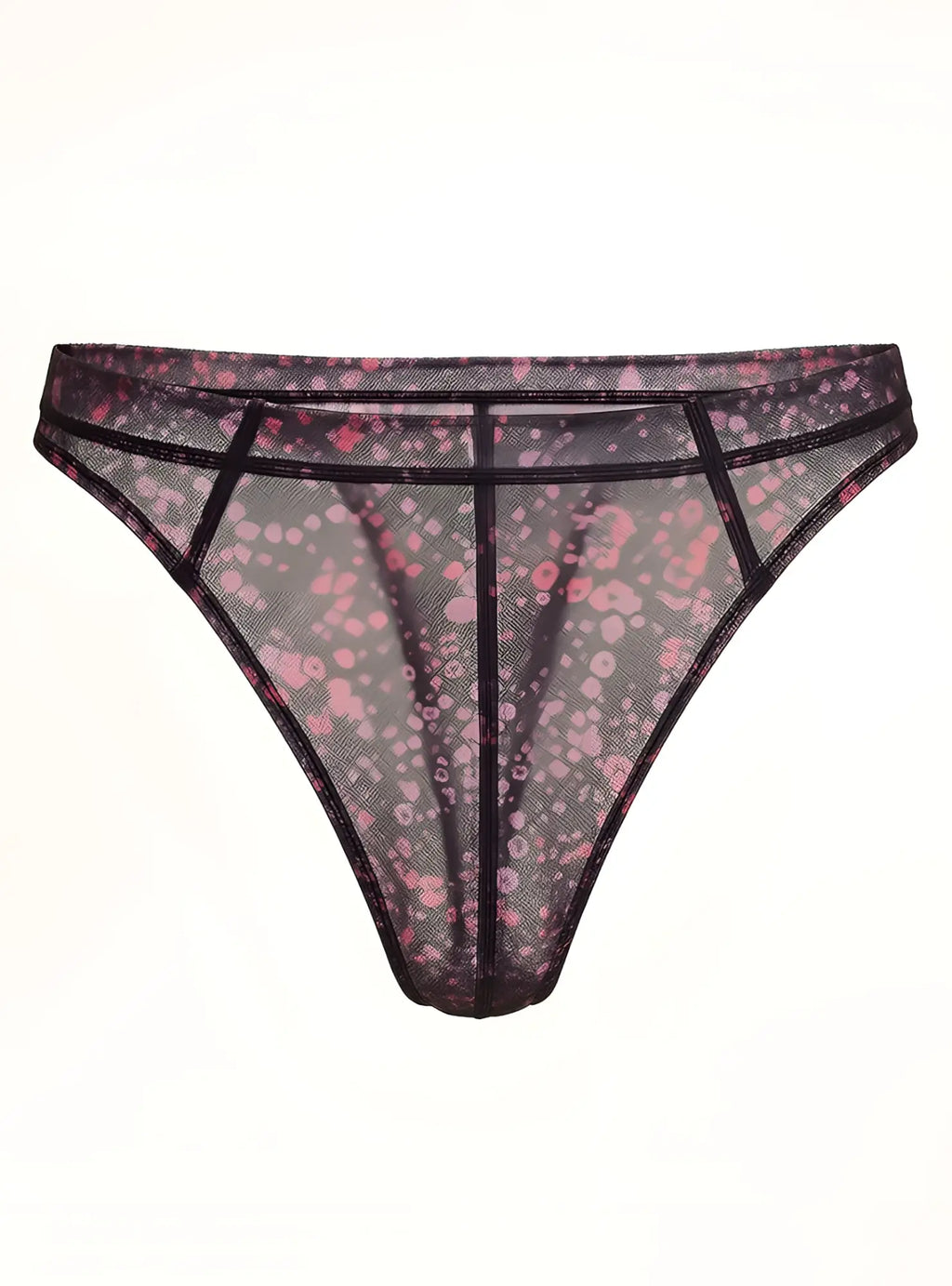 Luxury lace thong black mesh with pink floral pattern and reinforced black trim showing front view