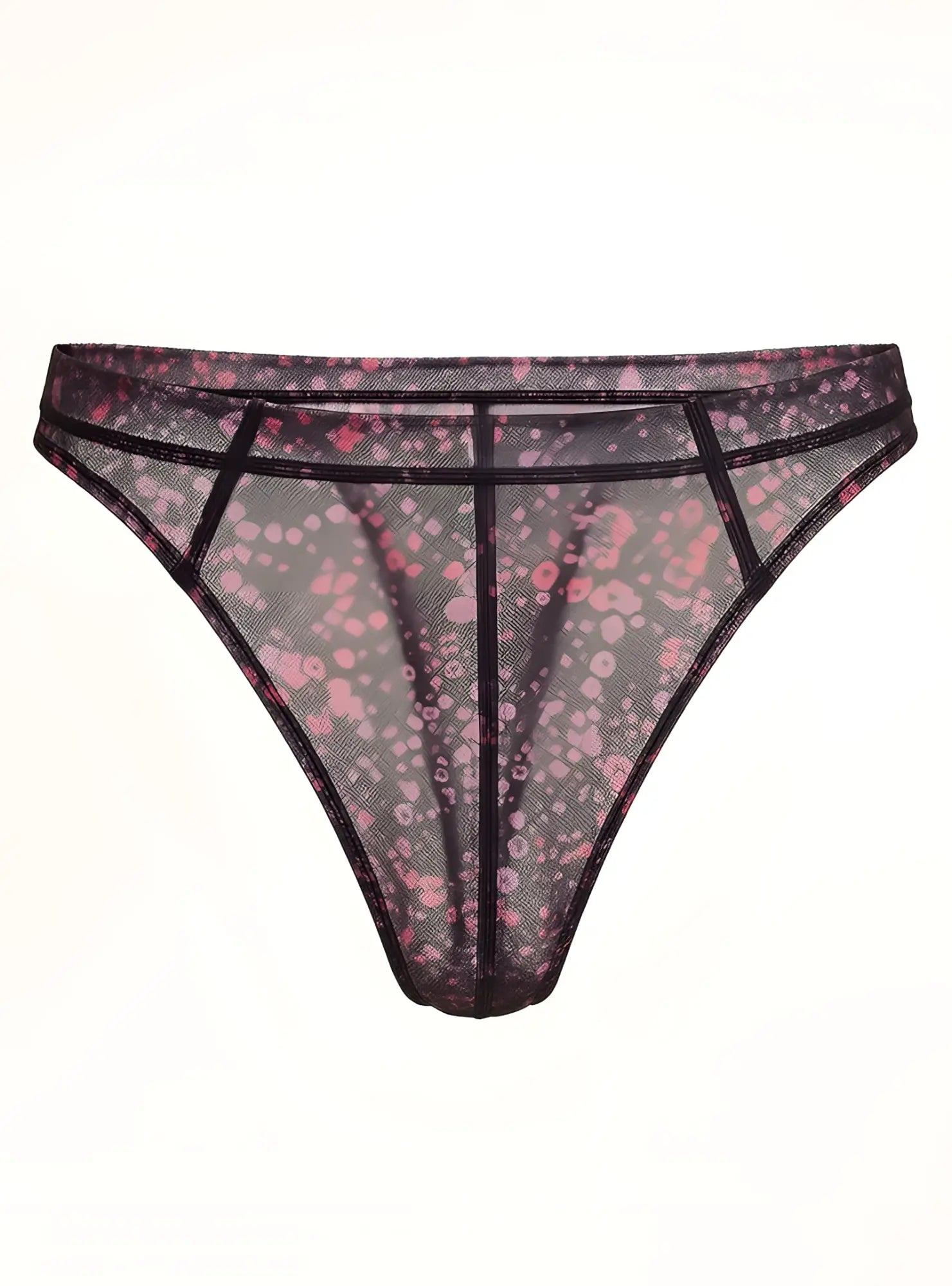 Luxury lace thong black mesh with pink floral pattern and reinforced black trim showing front view