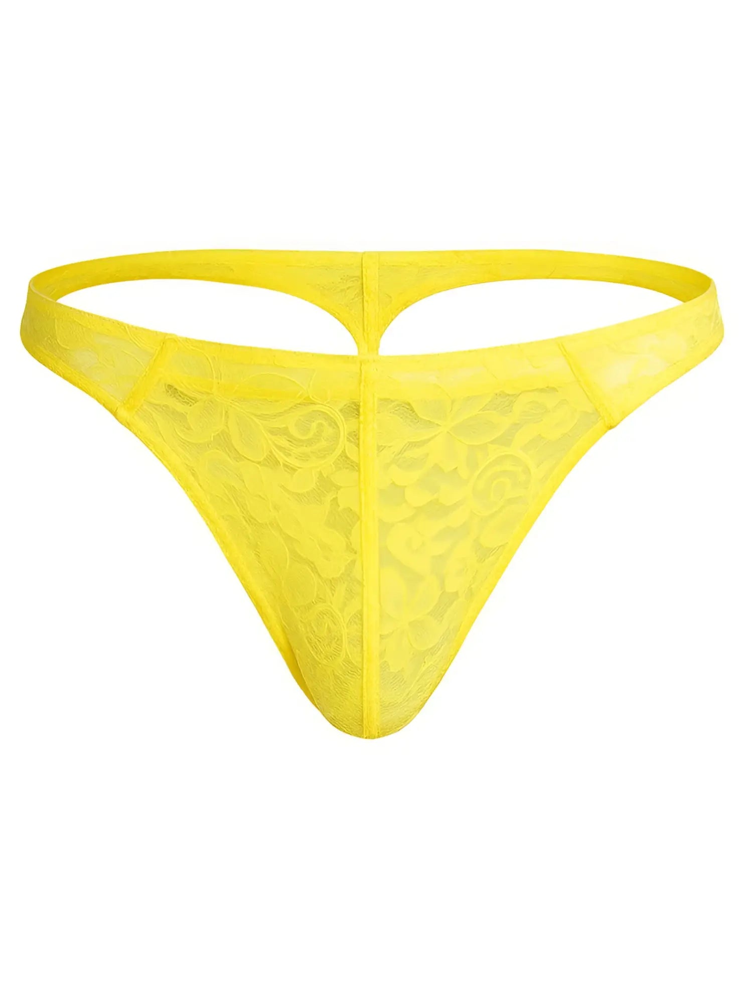 Luxury lace thong in bright yellow with a delicate floral lace pattern and seamless supportive design