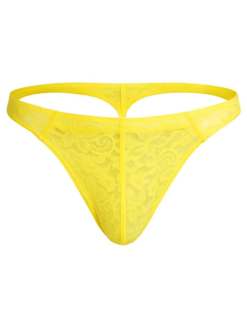 Luxury lace thong in bright yellow with a delicate floral lace pattern and seamless supportive design