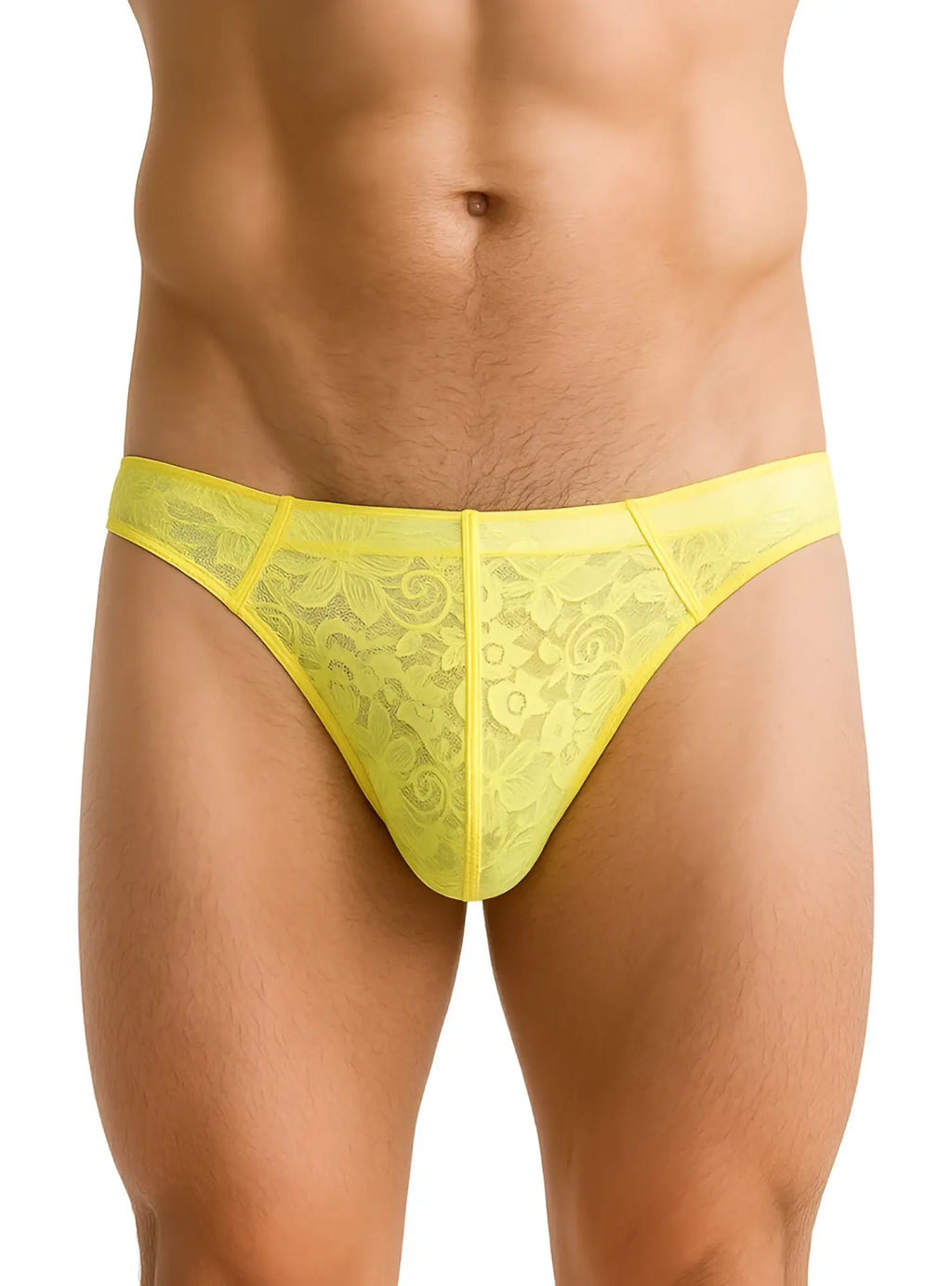 Luxury lace thong in bright yellow with intricate floral patterns and sheer delicate fabric for elegant wear