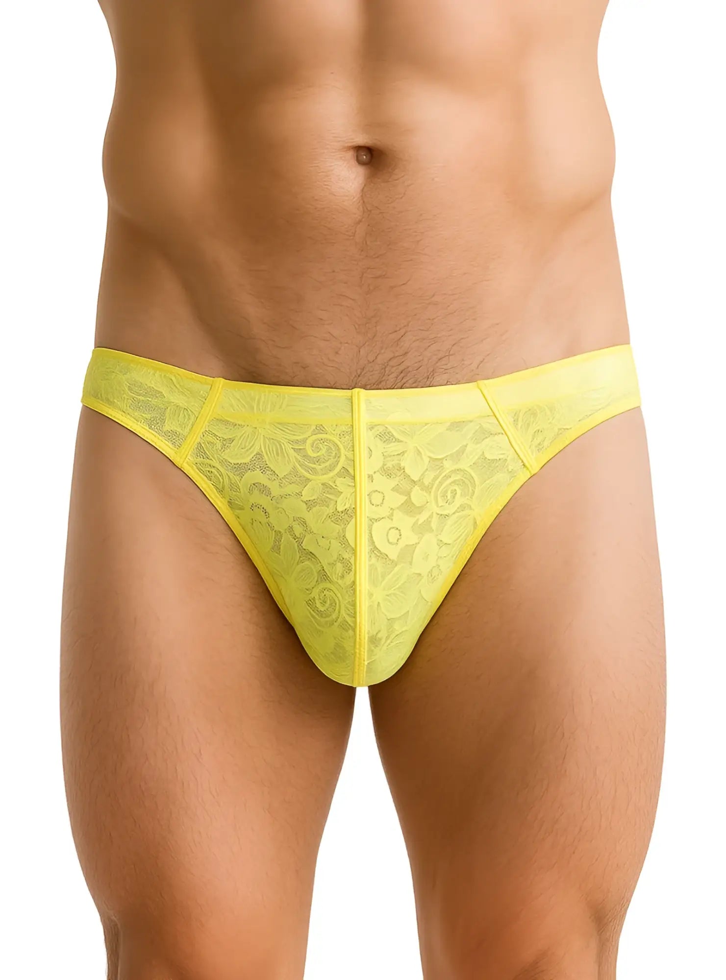 Luxury lace thong in bright yellow with intricate floral patterns and sheer delicate fabric for elegant wear
