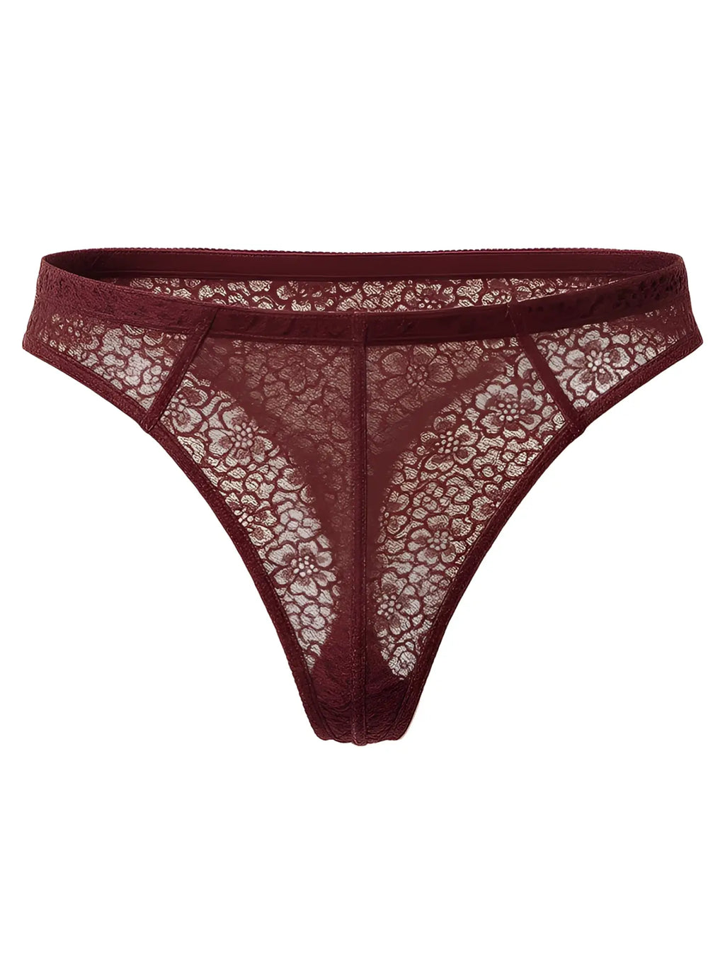 Luxury lace thong maroon floral lace thong with delicate intricate pattern and seamless construction front view