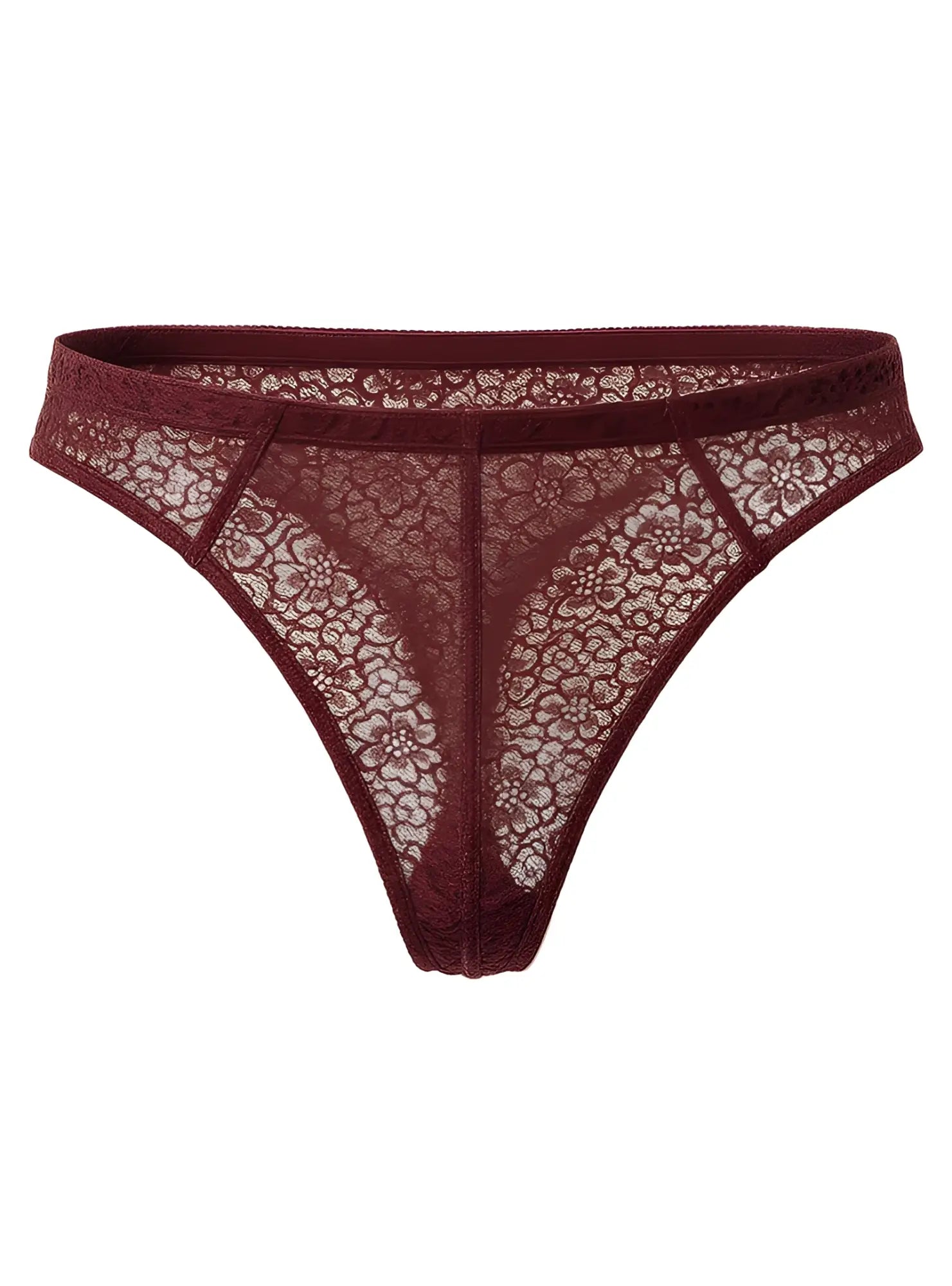Luxury lace thong maroon floral lace thong with delicate intricate pattern and seamless construction front view
