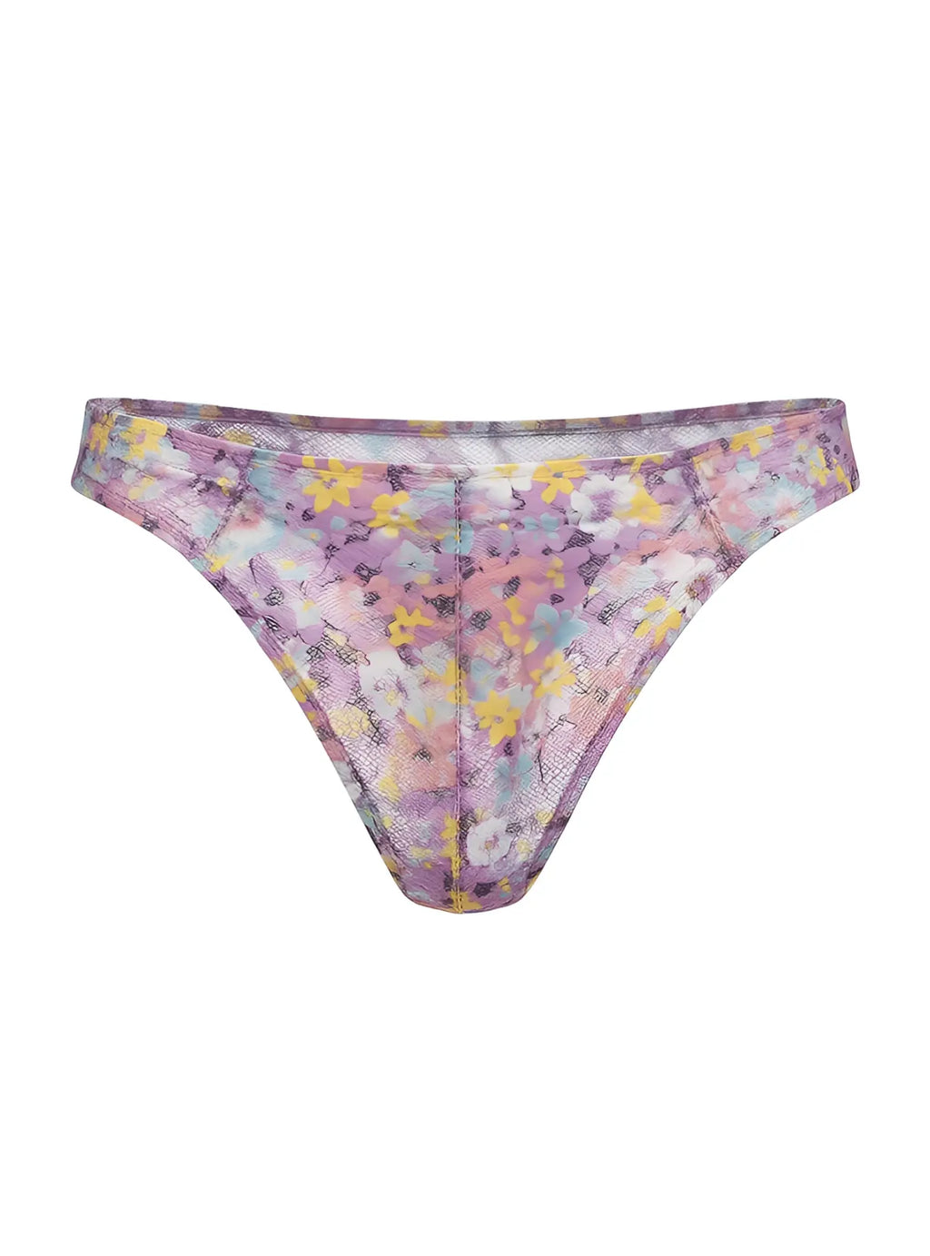 Luxury lace thong in pastel sheer mesh fabric with soft lavender and yellow floral pattern