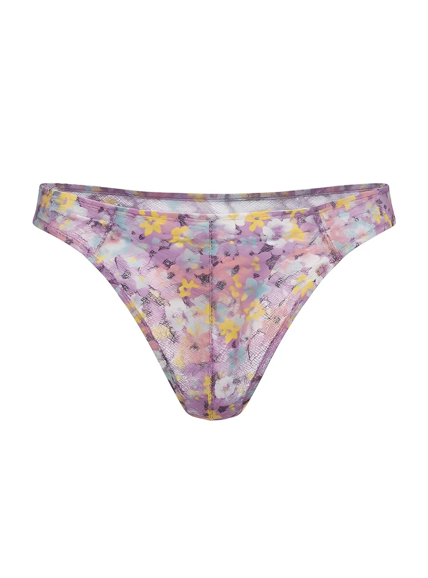 Luxury lace thong in pastel sheer mesh fabric with soft lavender and yellow floral pattern