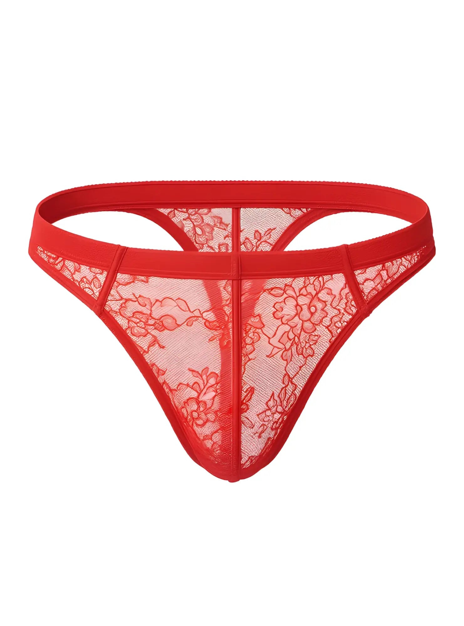 Luxury lace thong in red with floral lace pattern and elastic waistband designed for comfortable wear