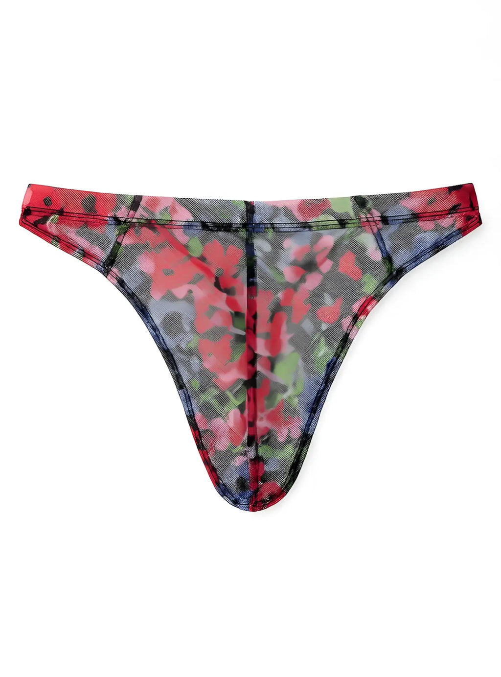 Luxury lace thong with red and green floral pattern and denim texture shown from the back side