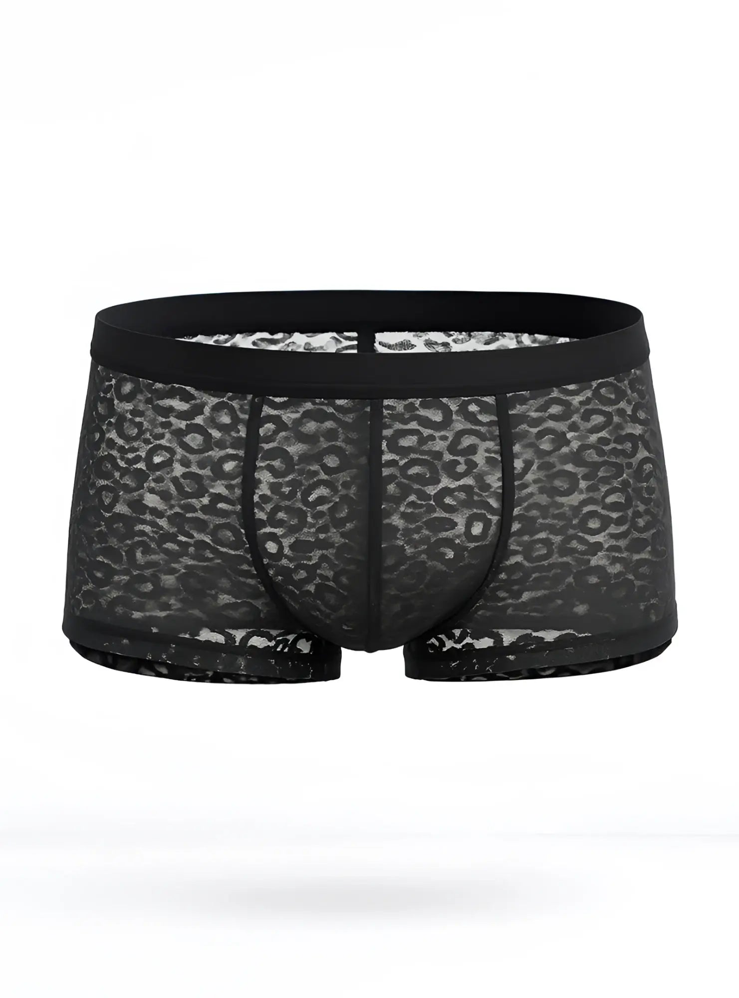 Black luxury lace trunk boxer briefs with subtle leopard print pattern made from delicate lace material
