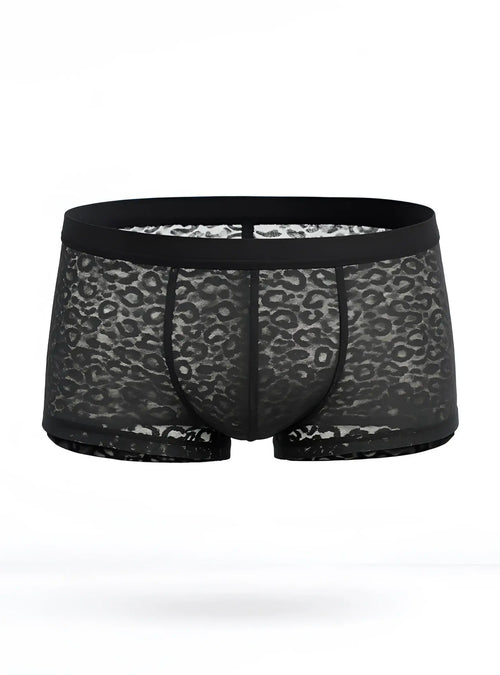Black luxury lace trunk boxer briefs with subtle leopard print pattern made from delicate lace material
