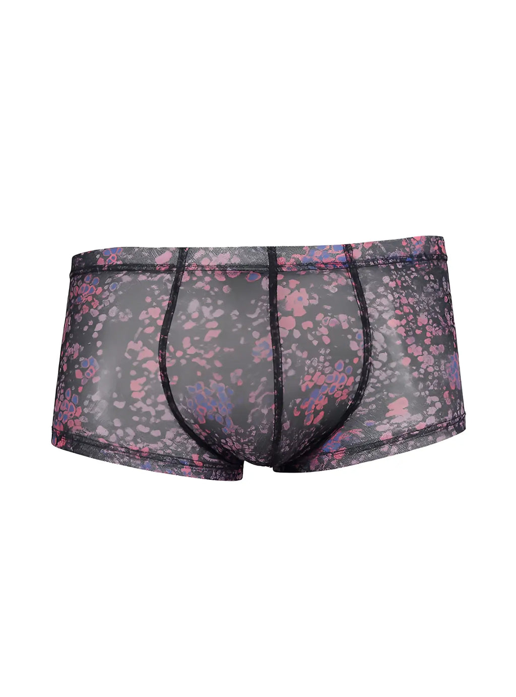 Black mesh luxury lace trunk briefs with delicate pink and purple floral pattern on front side