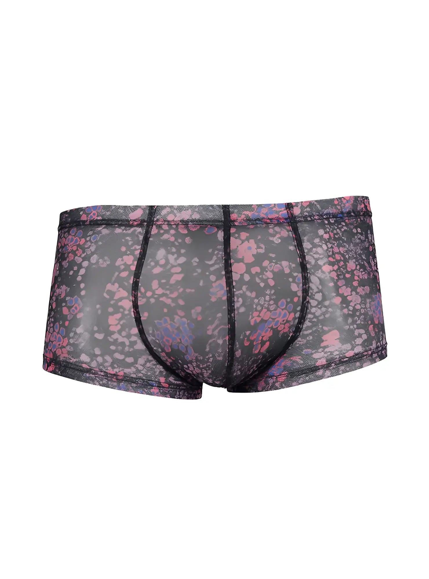 Black mesh luxury lace trunk briefs with delicate pink and purple floral pattern on front side