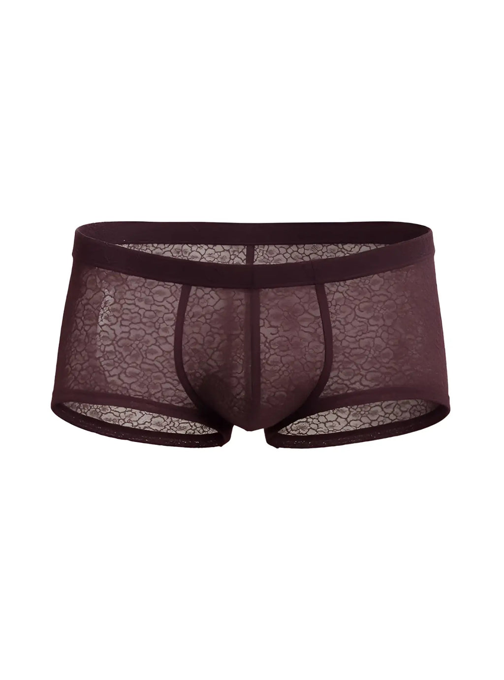 Dark burgundy luxury lace trunk men’s underwear with sheer floral mesh design and solid elastic waistband