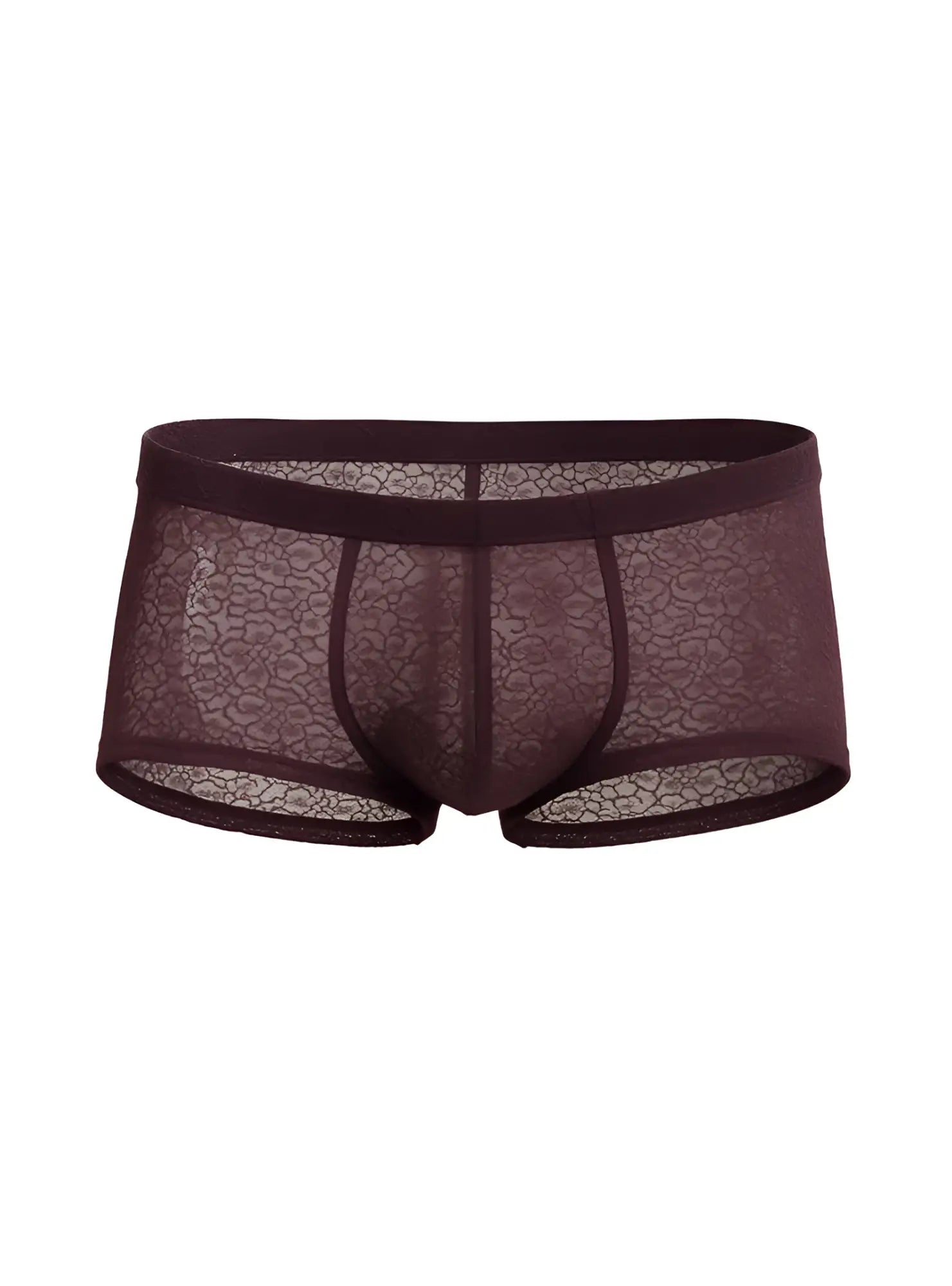 Dark burgundy luxury lace trunk men’s underwear with sheer floral mesh design and solid elastic waistband