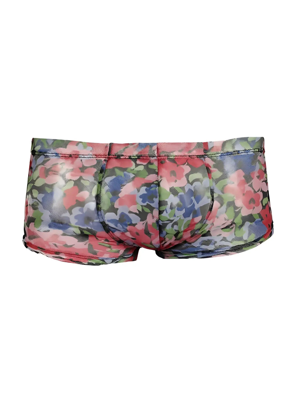 Luxury lace trunk floral patterned men’s briefs in glossy multicolored pink blue and green flowers on dark background