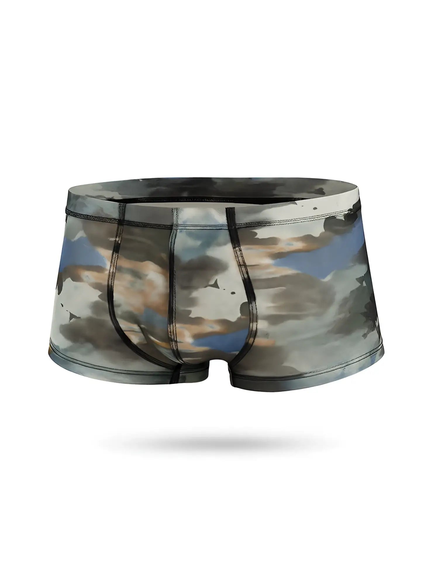 Luxury lace trunk men’s boxer briefs with soft watercolor sky and cloud pattern in muted blue gray and beige tones