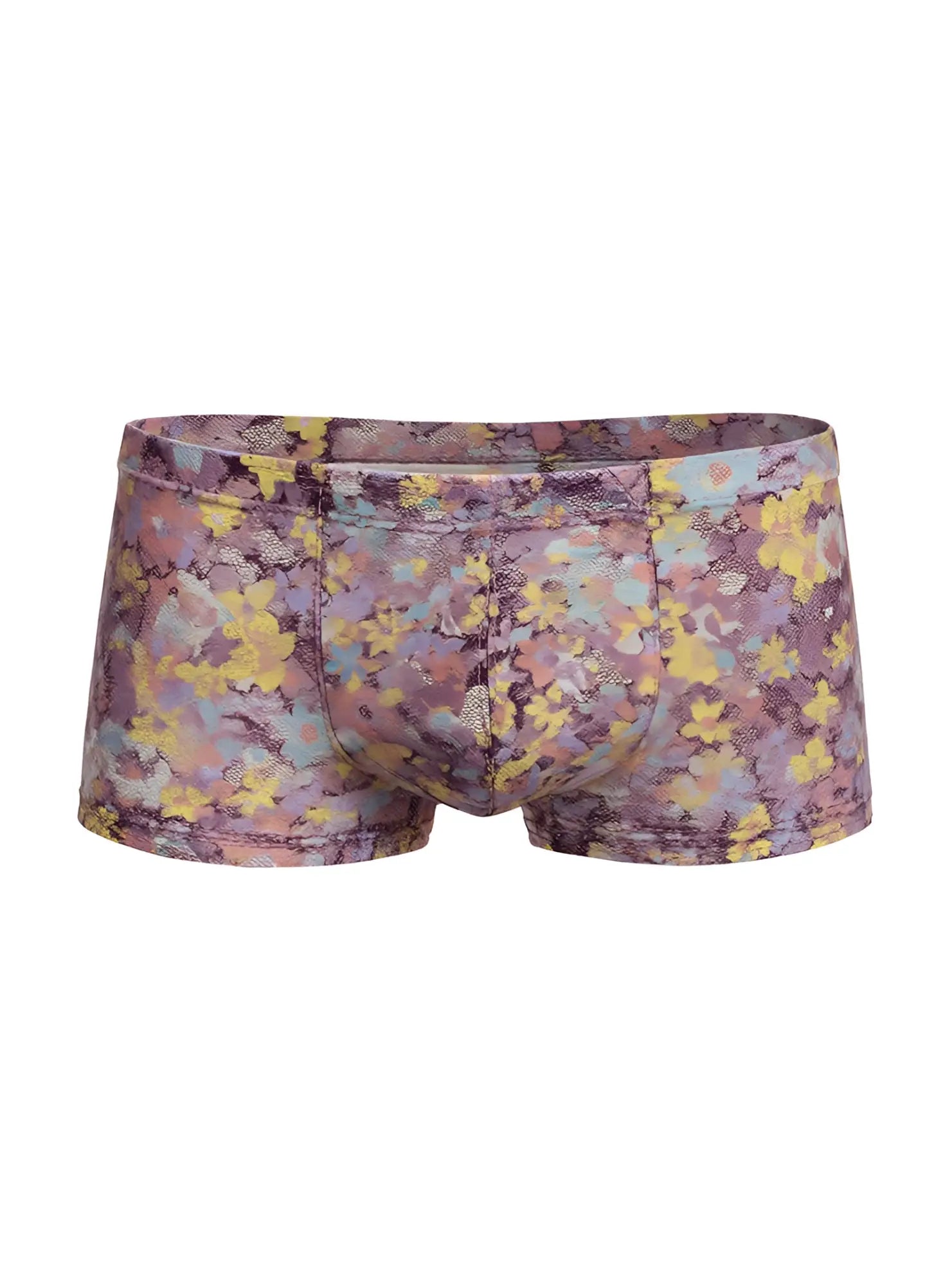 Luxury lace trunk purple and yellow floral patterned men’s briefs with soft stretchy fabric finish