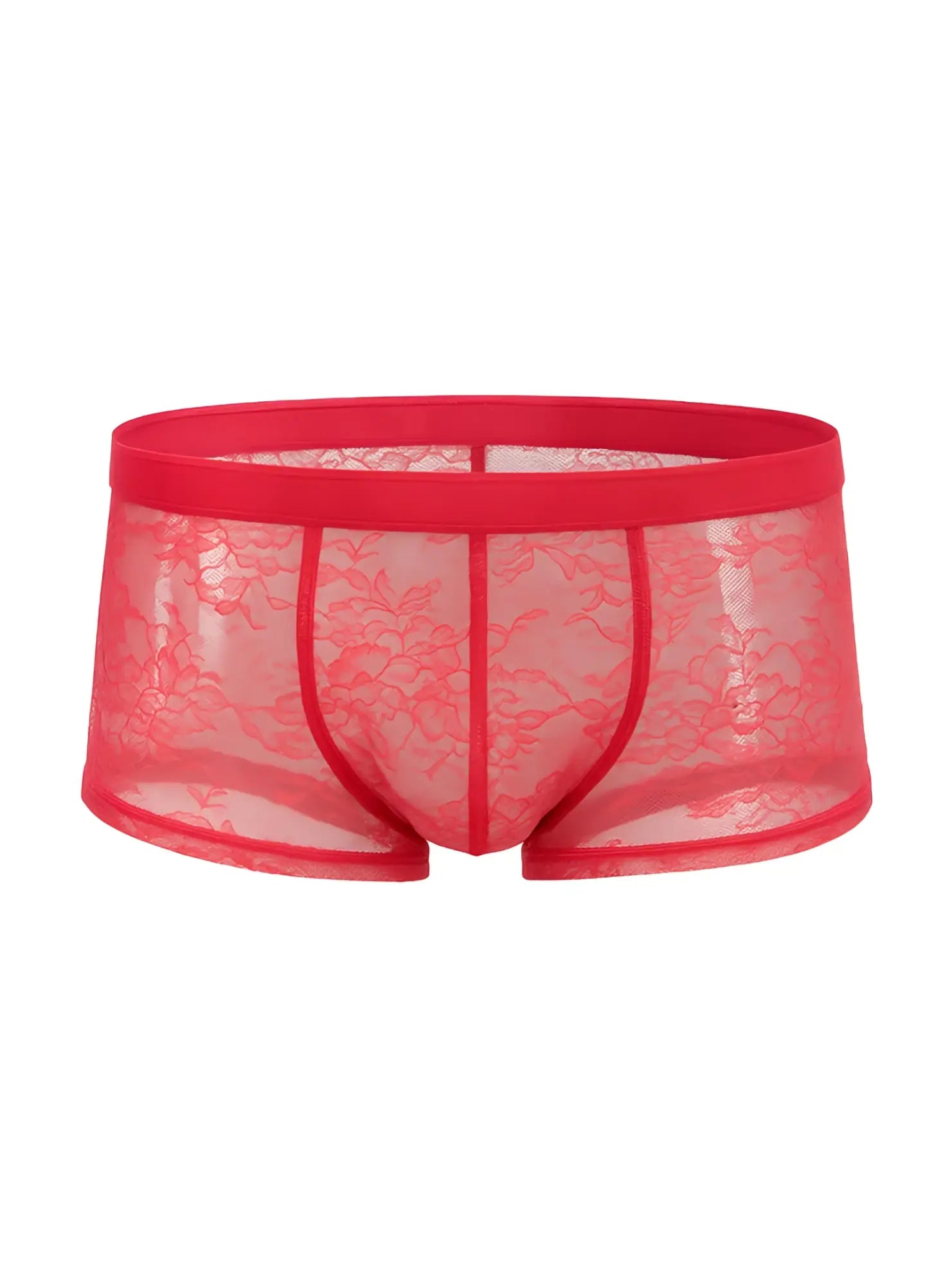 Luxury lace trunk red lace-trimmed men’s briefs with sheer floral pattern and solid red waistband