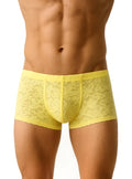 Yellow lace men’s briefs with floral pattern and elastic waistband from luxury lace trunk collection