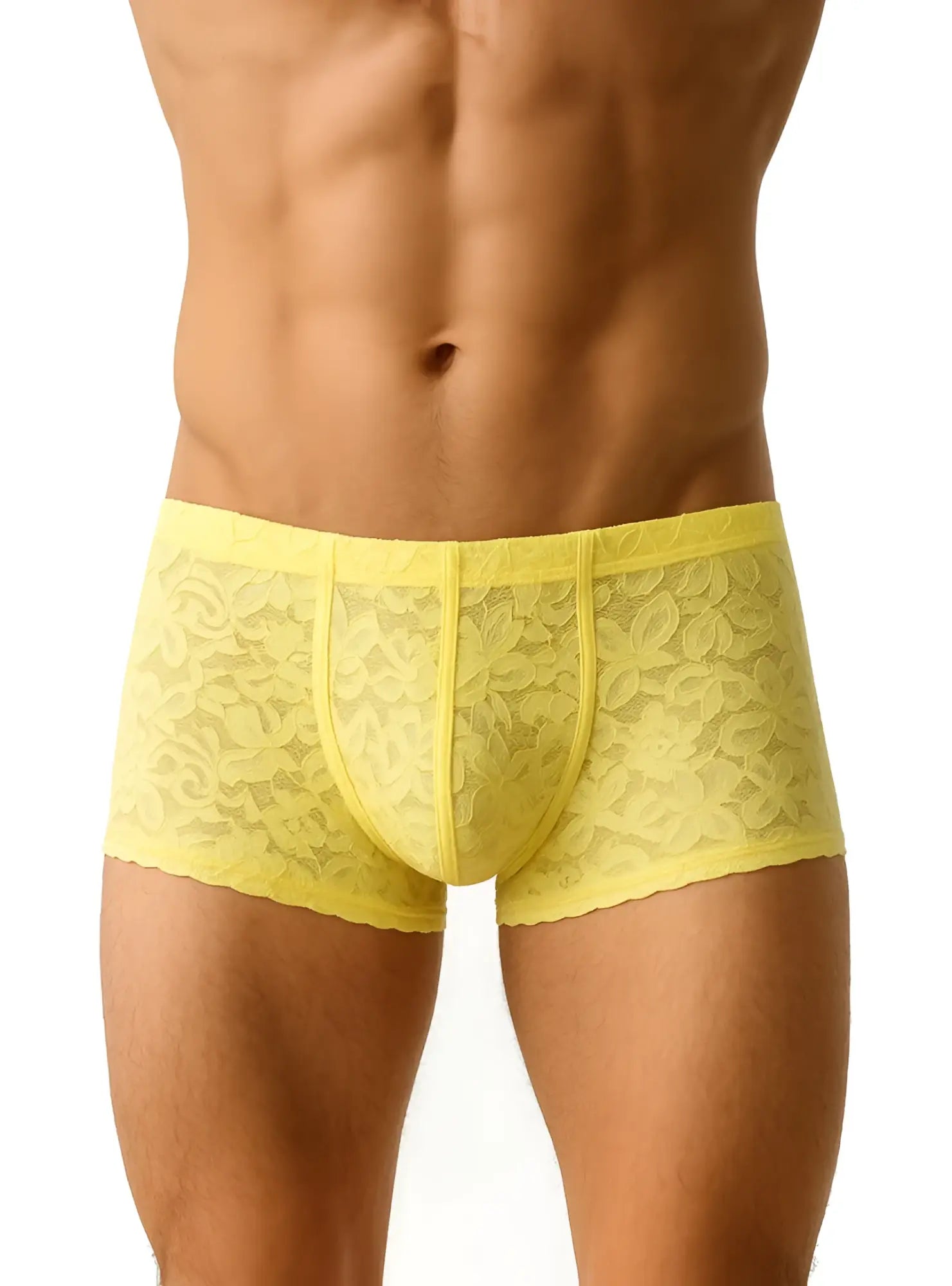 Yellow lace men’s briefs with floral pattern and elastic waistband from luxury lace trunk collection