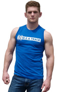 Blue sleeveless athletic tank top with a white rectangular m.e.a. logo designed for track and fitness use